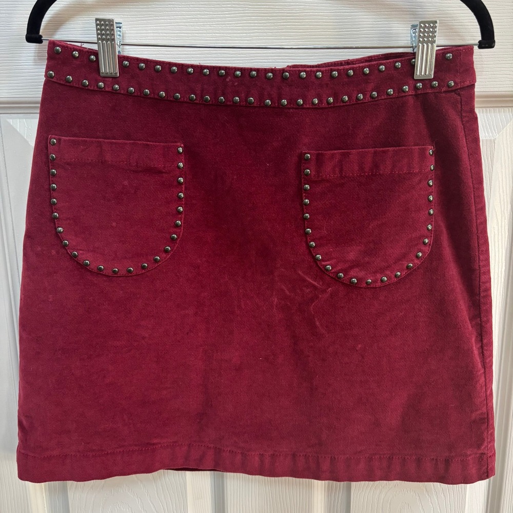 Mossimo Burgundy Velvet Studded Indie Mini Skirt Coquette Grunge Moto Size 8
